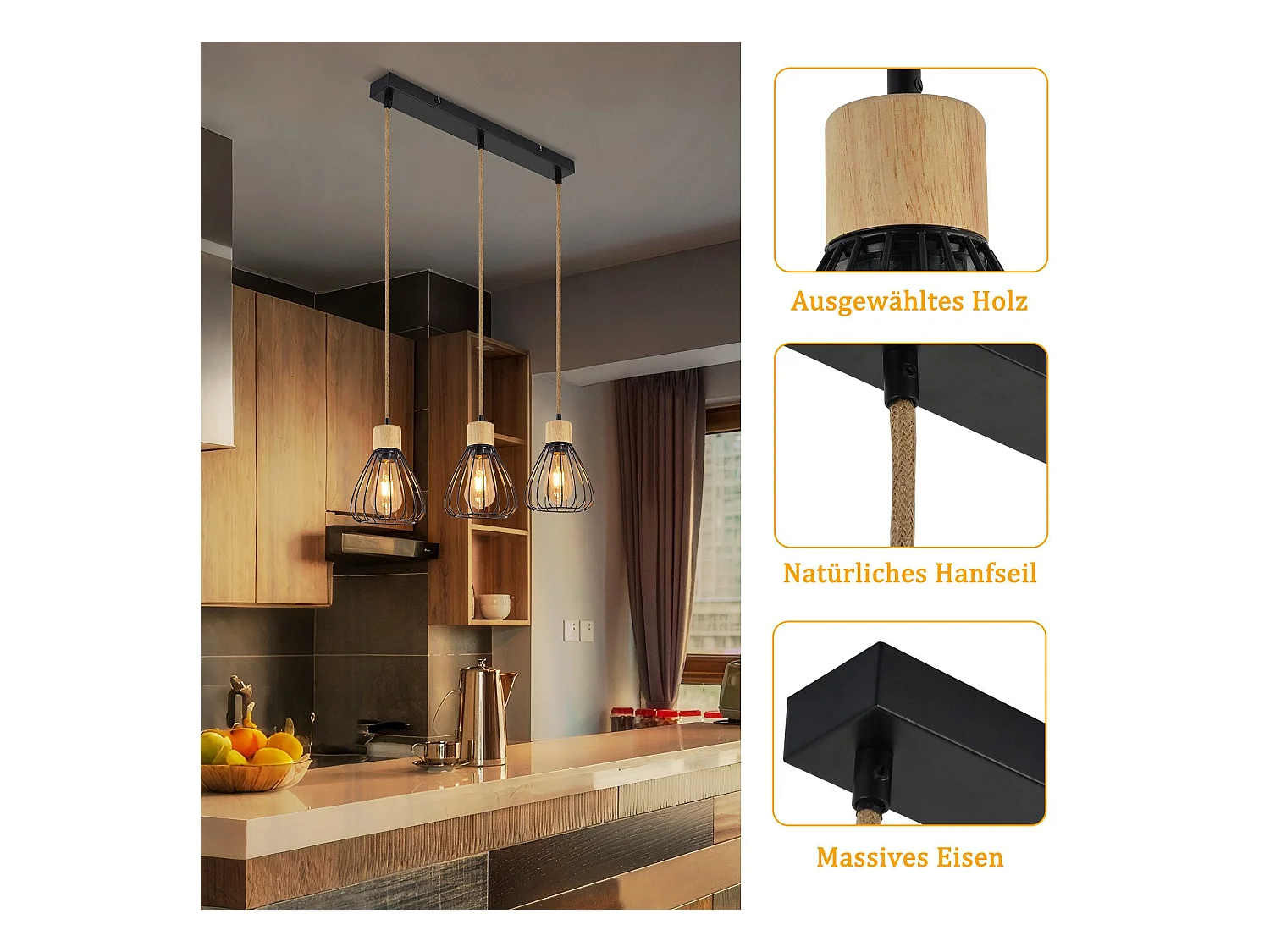 Suspension NETTLIFE Lampe suspension vintage pour salon industrielle rétro en bois et corde de chanvre en métal noir 3 flammes E27
