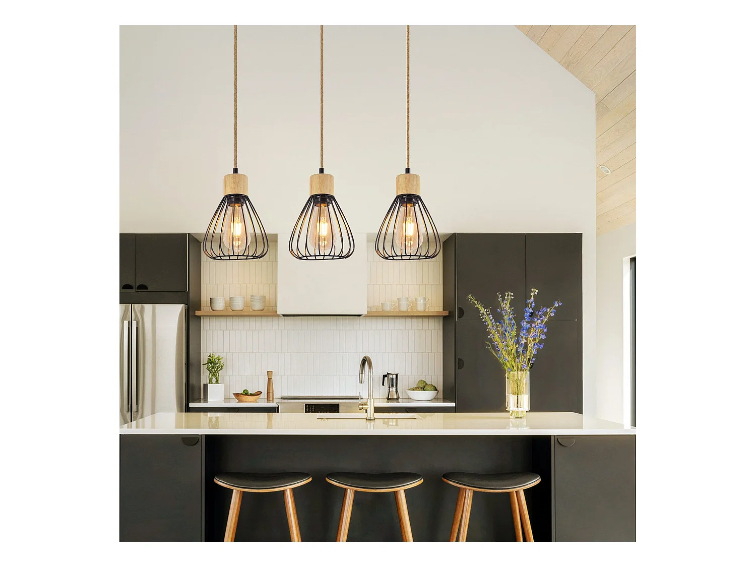 Suspension NETTLIFE Lampe suspension vintage pour salon industrielle rétro en bois et corde de chanvre en métal noir 3 flammes E27