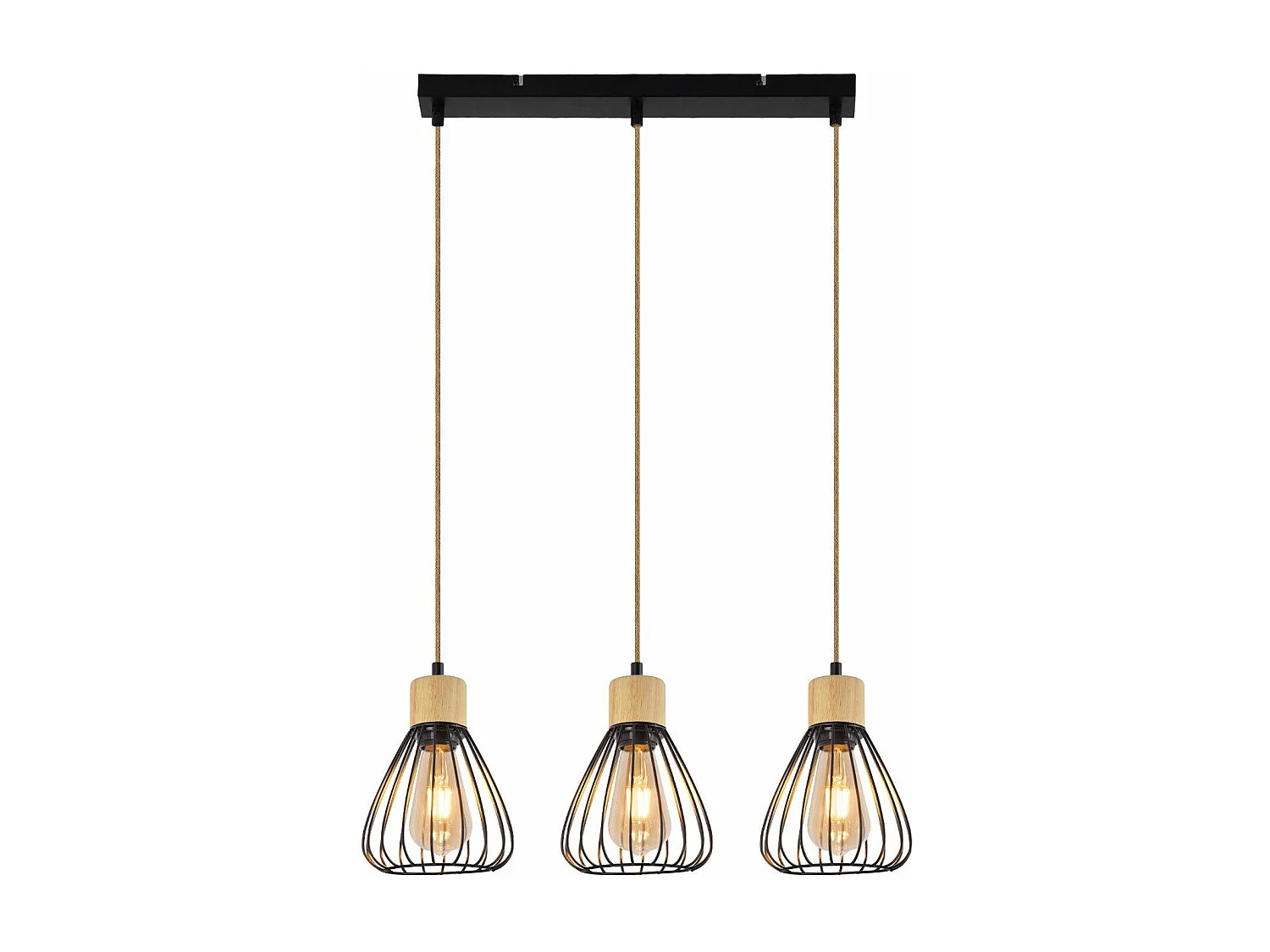 Suspension NETTLIFE Lampe suspension vintage pour salon industrielle rétro en bois et corde de chanvre en métal noir 3 flammes E27