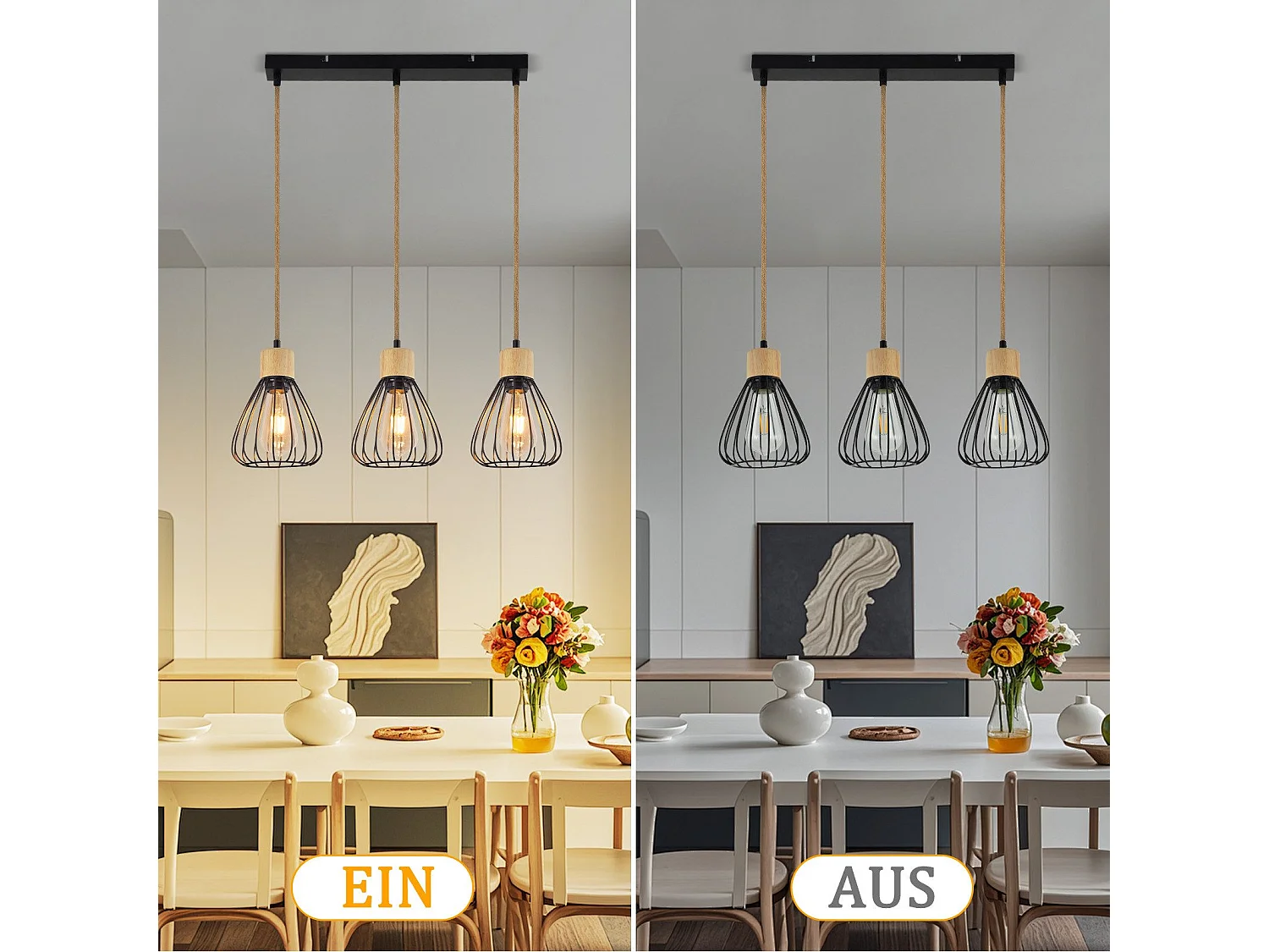 Suspension NETTLIFE Lampe suspension vintage pour salon industrielle rétro en bois et corde de chanvre en métal noir 3 flammes E27