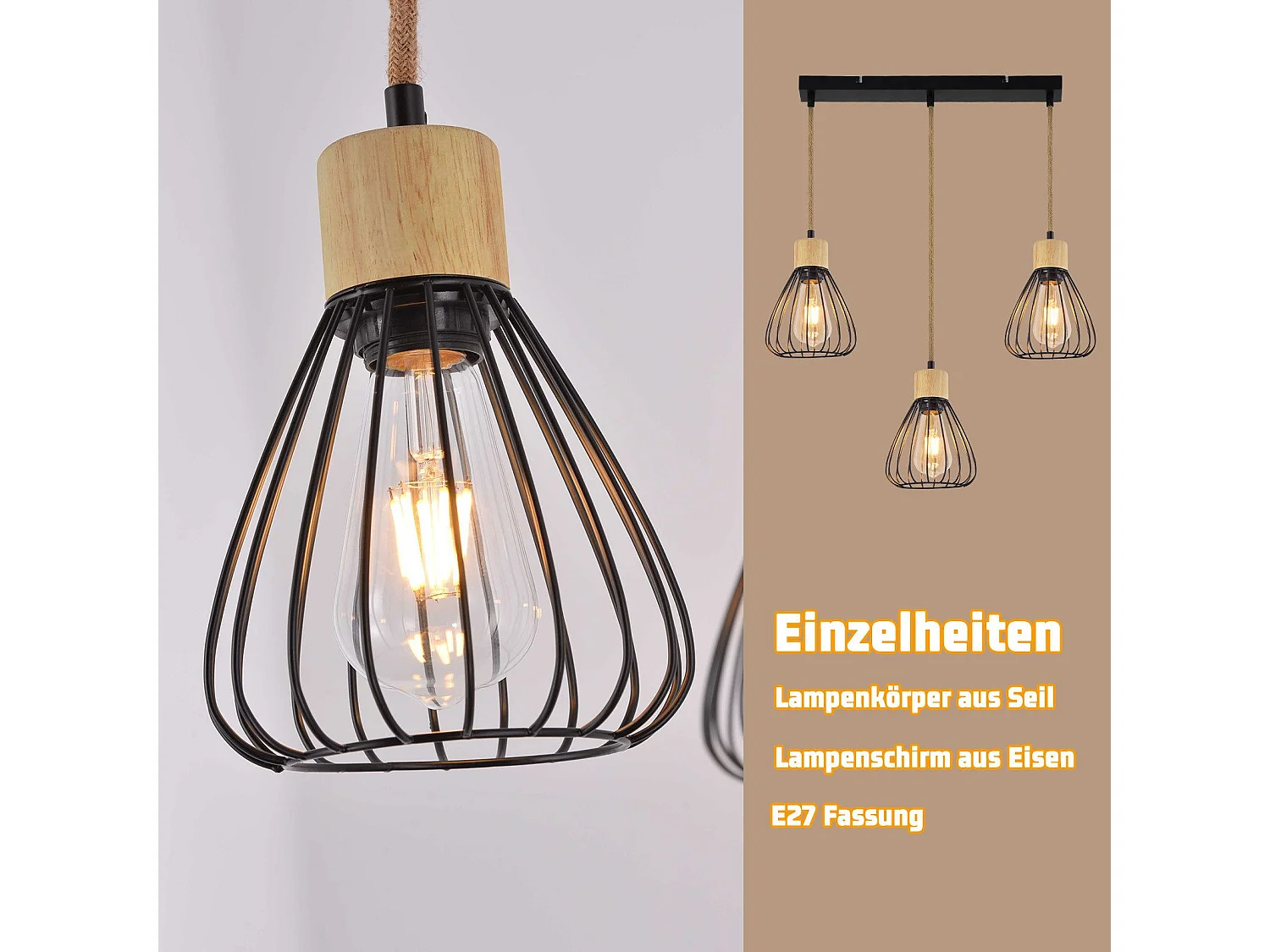 Suspension NETTLIFE Lampe suspension vintage pour salon industrielle rétro en bois et corde de chanvre en métal noir 3 flammes E27