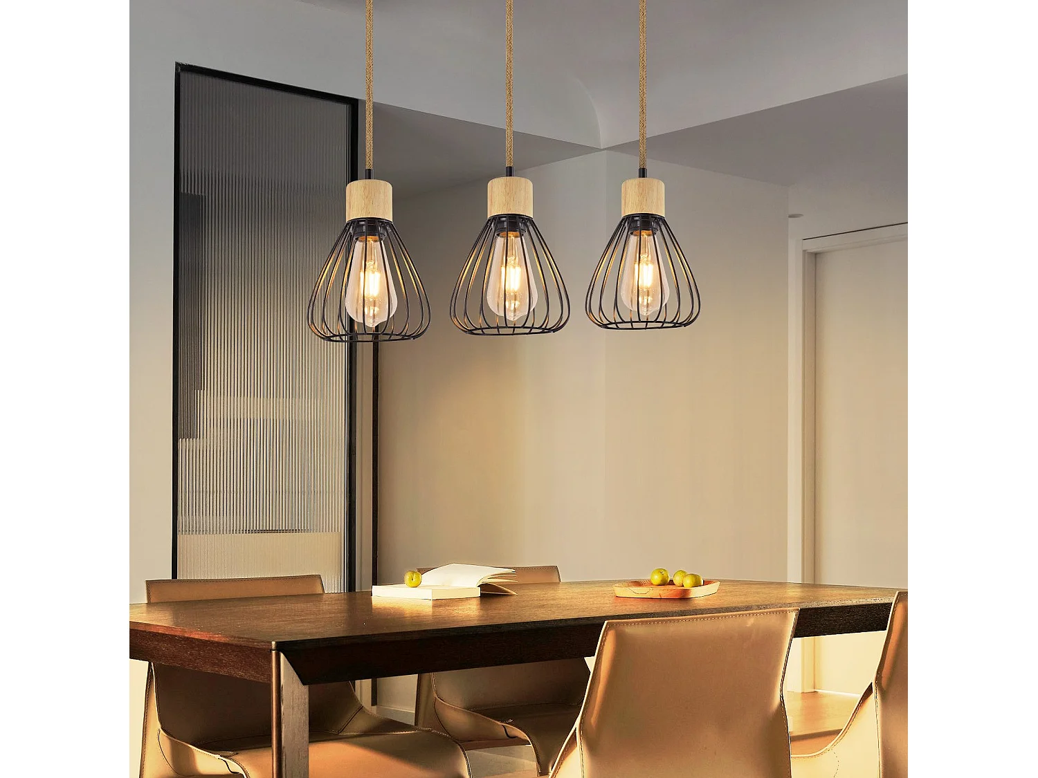 Suspension NETTLIFE Lampe suspension vintage pour salon industrielle rétro en bois et corde de chanvre en métal noir 3 flammes E27