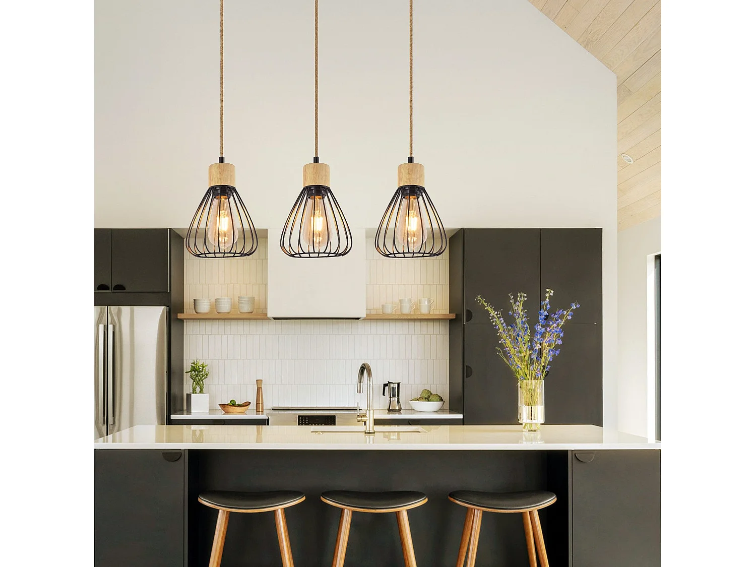 Suspension NETTLIFE Lampe suspension vintage pour salon industrielle rétro en bois et corde de chanvre en métal noir 3 flammes E27