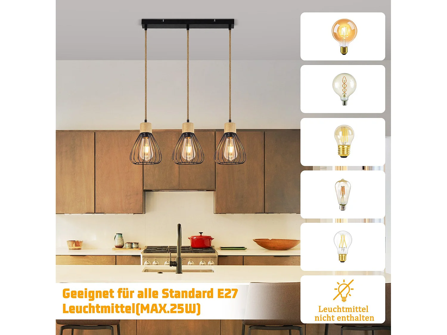 Suspension NETTLIFE Lampe suspension vintage pour salon industrielle rétro en bois et corde de chanvre en métal noir 3 flammes E27