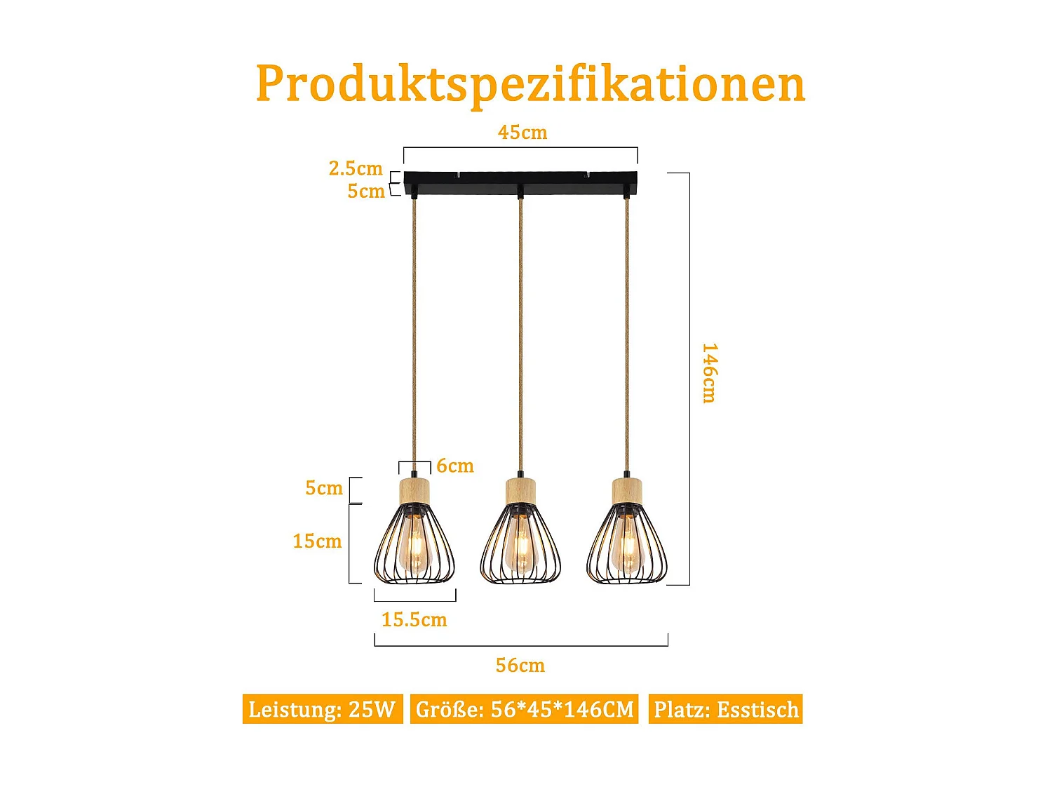 Suspension NETTLIFE Lampe suspension vintage pour salon industrielle rétro en bois et corde de chanvre en métal noir 3 flammes E27