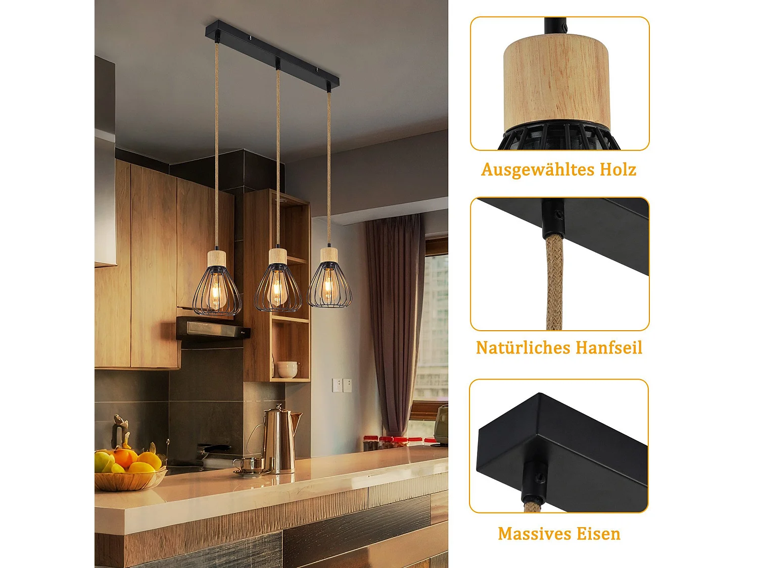 Suspension NETTLIFE Lampe suspension vintage pour salon industrielle rétro en bois et corde de chanvre en métal noir 3 flammes E27