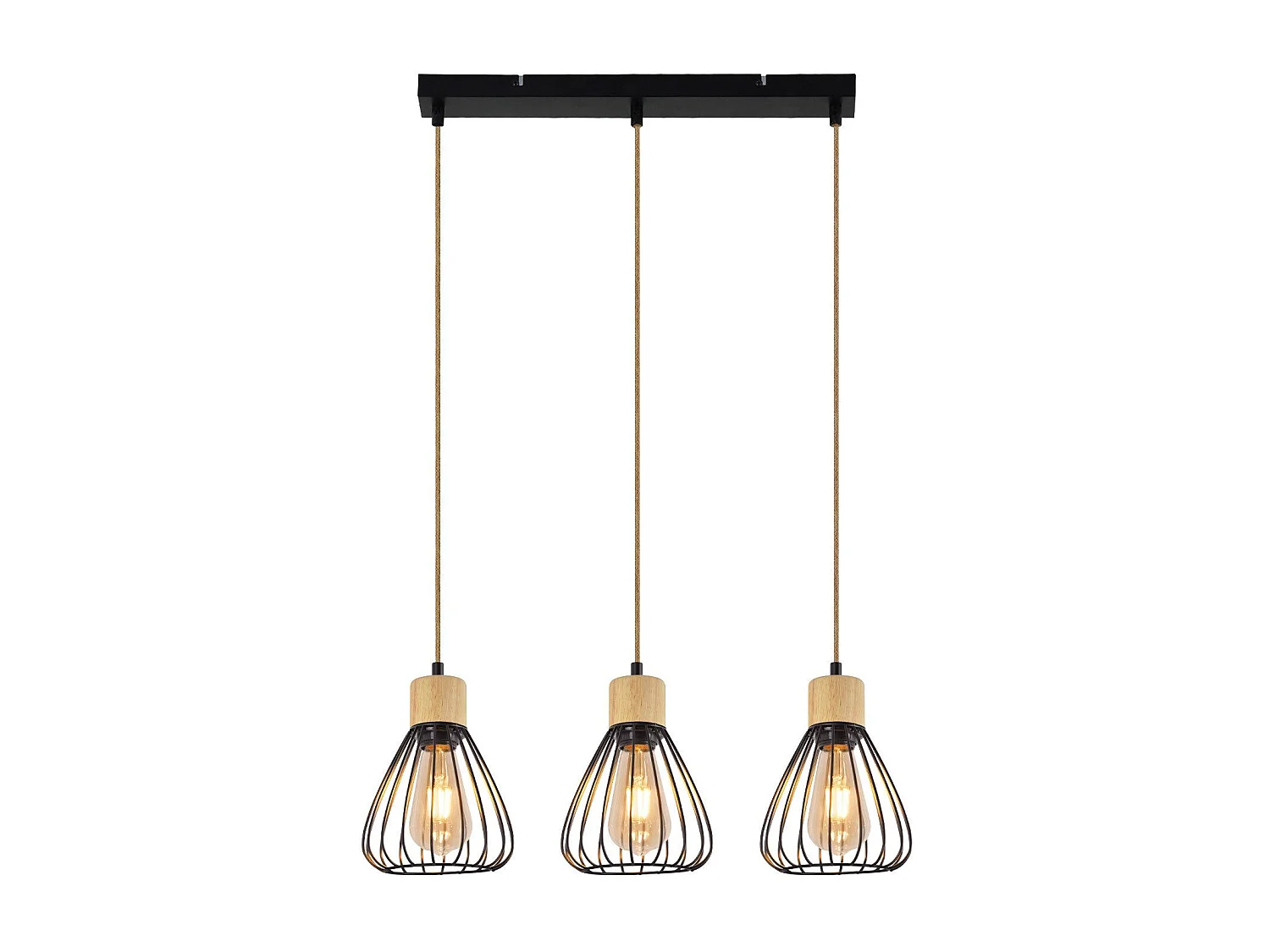 Suspension NETTLIFE Lampe suspension vintage pour salon industrielle rétro en bois et corde de chanvre en métal noir 3 flammes E27