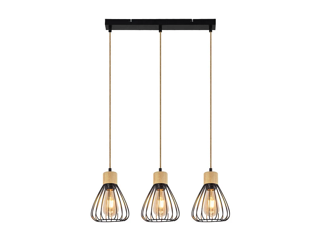 Suspension NETTLIFE Lampe suspension vintage pour salon industrielle rétro en bois et corde de chanvre en métal noir 3 flammes E27