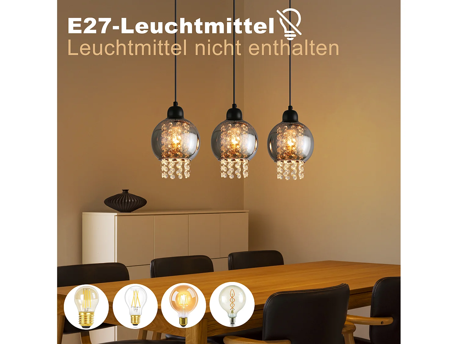 NETTLIFE Pendelleuchte aus schwarzem Kristall für Esstisch, E27, moderne Hängelampe für Wohnzimmer