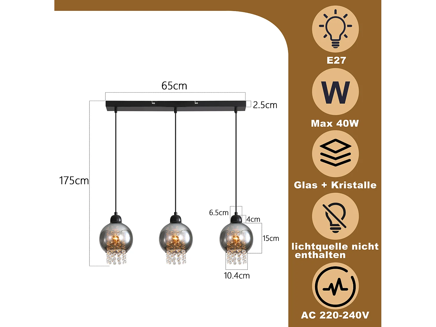 NETTLIFE Lampe Suspendue Pour Table à Manger En Cristal Noir E27 Lampe Suspendue Moderne Pour Salon