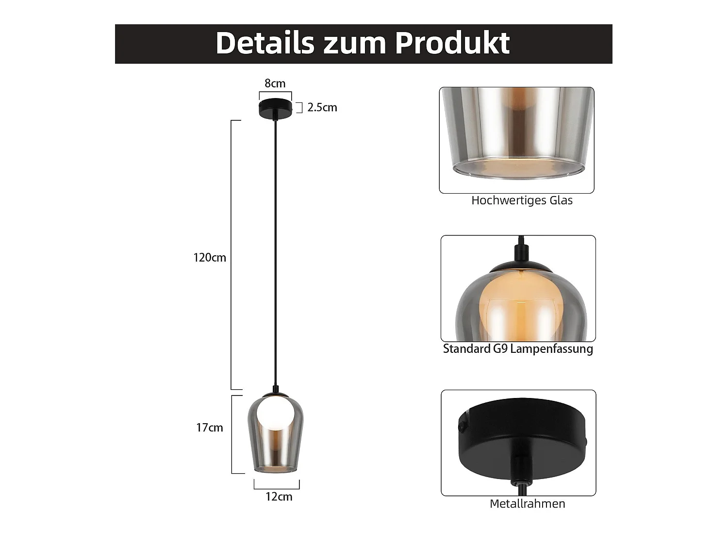 Lampe suspendue NETTLIFE pour table à manger suspension vintage en verre 1 flamme G9 noire réglable en hauteur