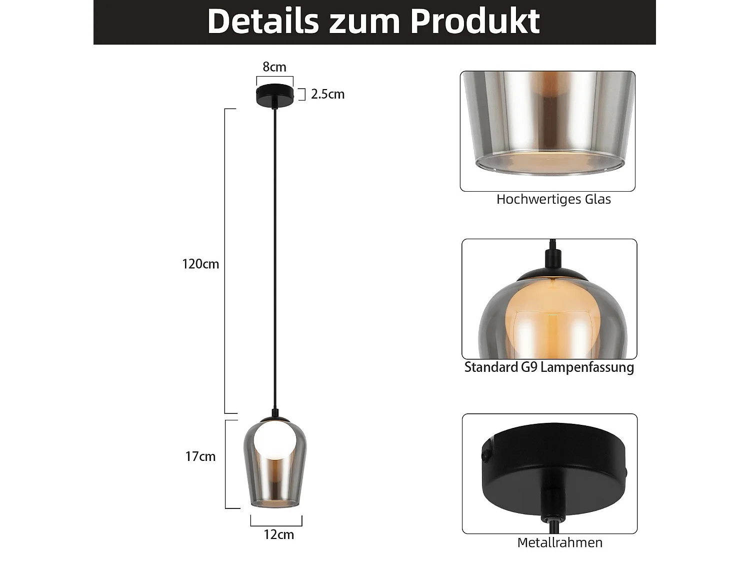 Lampe suspendue NETTLIFE pour table à manger suspension vintage en verre 1 flamme G9 noire réglable en hauteur