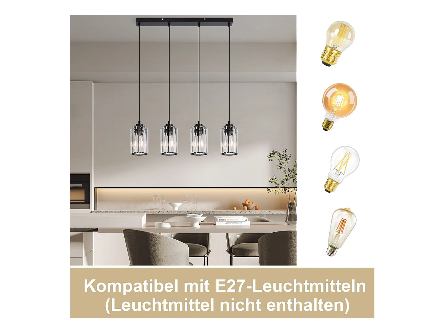 NETTLIFE Lampe à Suspension Pour Table à Manger En Cristal Noir Moderne 4 Flammes E27