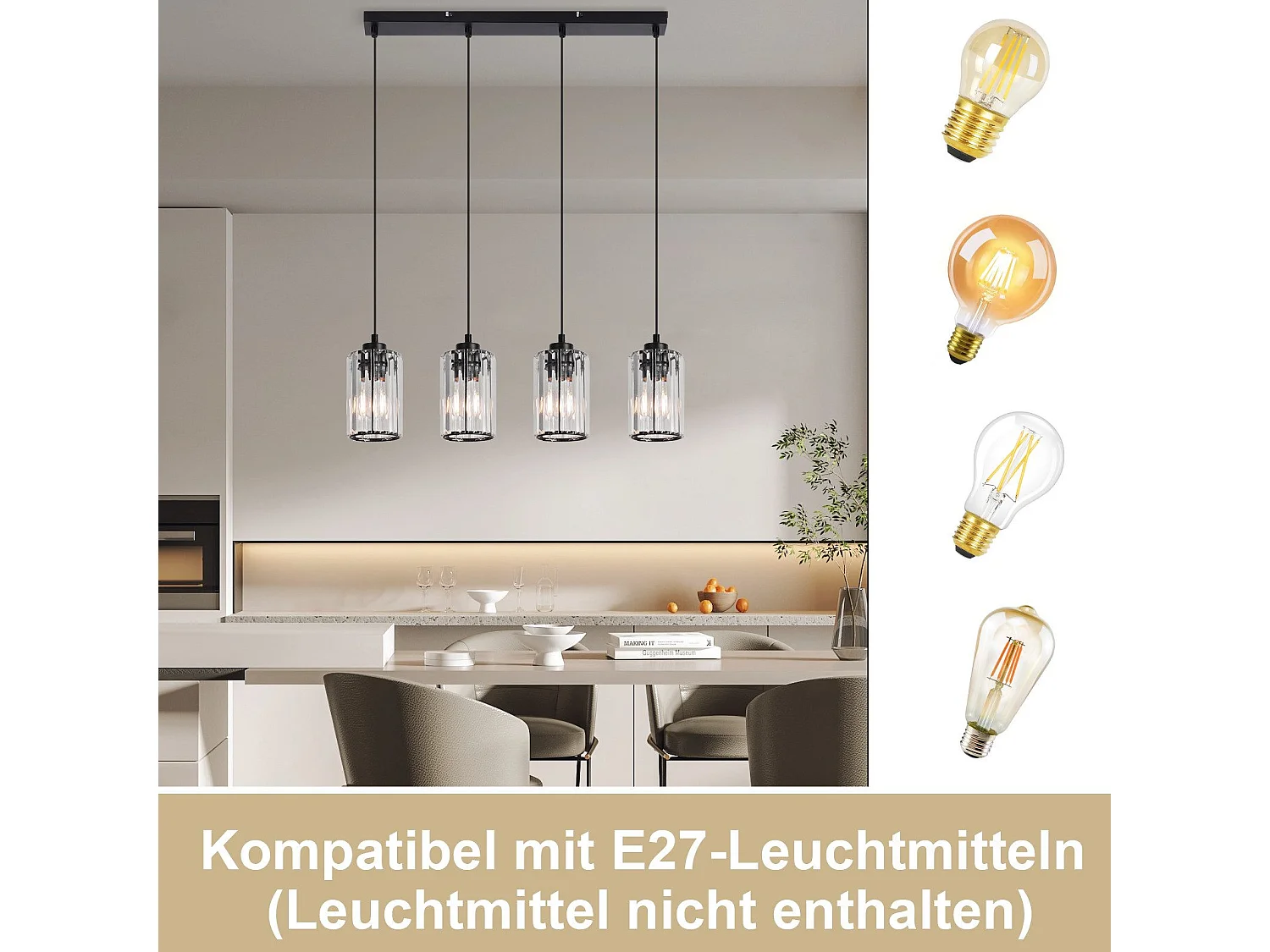 NETTLIFE Hanglamp Kristal E27 Fitting 4-Lichts Zwart Metaal Keukenlamp Modern Eettafellamp Max. 25W voor Eetkamer | Eettafel | Slaapkamer | Woonkamer zonder lamp