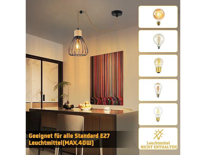 NETTLIFE Hanglamp Eettafel Zwart Metaal Eetkamer 1 Vlam Retro Industrieel Hout Henneptouw E27