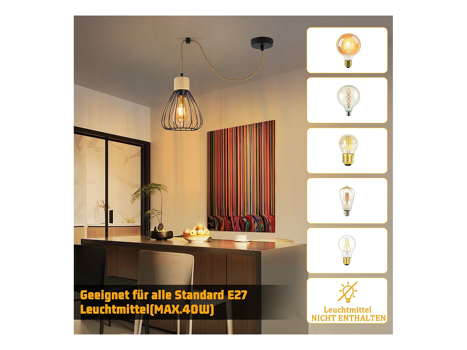 NETTLIFE Hanglamp Eettafel Zwart Metaal Eetkamer 1 Vlam Retro Industrieel Hout Henneptouw E27