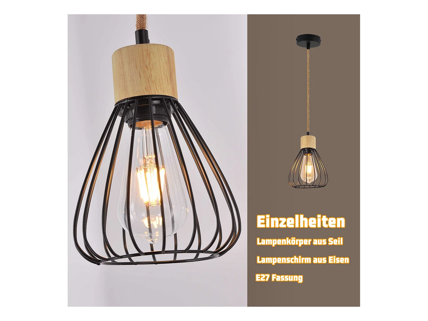 NETTLIFE Hanglamp Eettafel Zwart Metaal Eetkamer 1 Vlam Retro Industrieel Hout Henneptouw E27