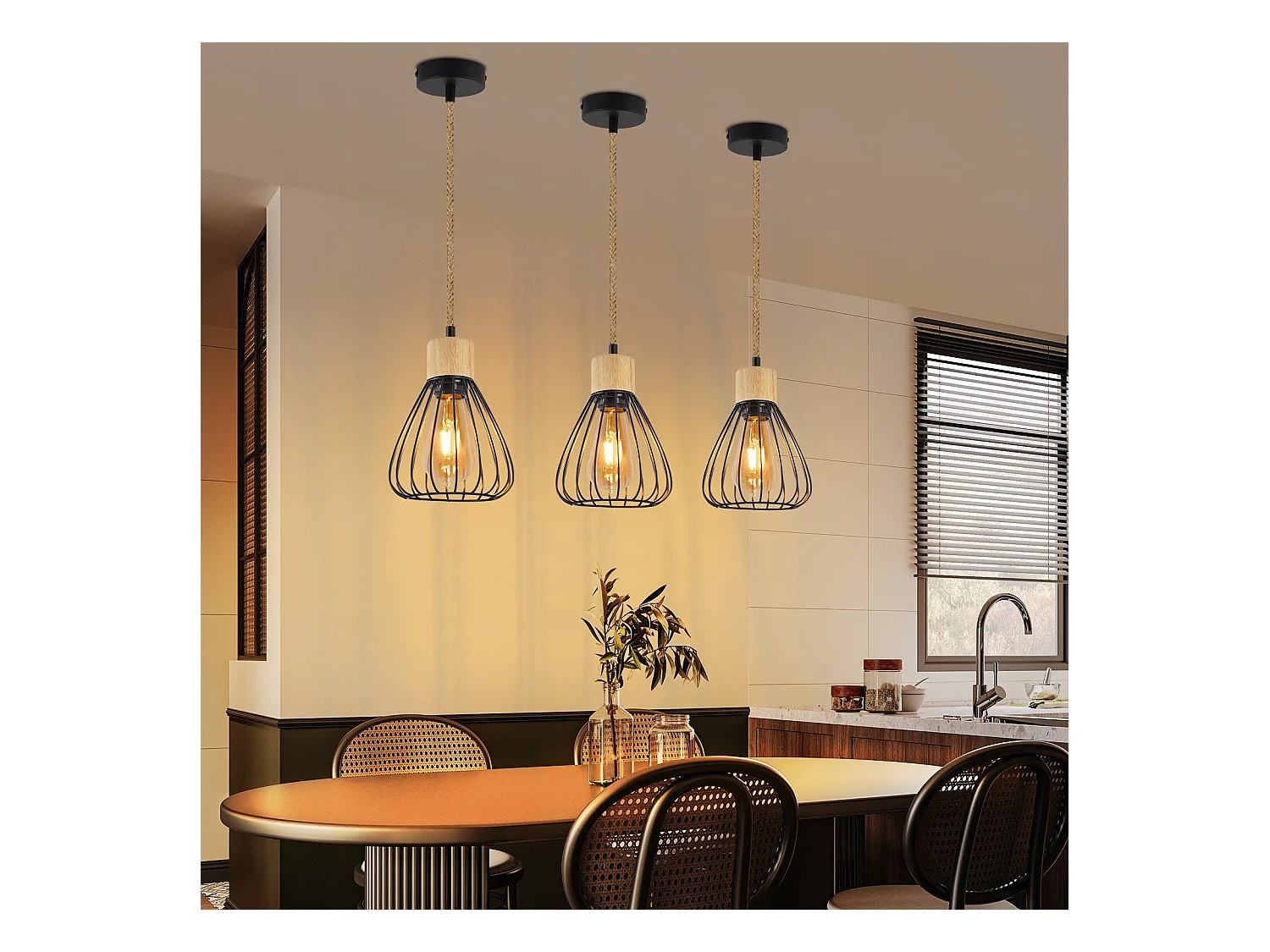 NETTLIFE Hanglamp Eettafel Zwart Metaal Eetkamer 1 Vlam Retro Industrieel Hout Henneptouw E27