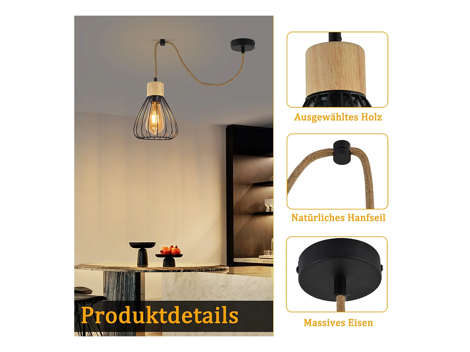 NETTLIFE Hanglamp Eettafel Zwart Metaal Eetkamer 1 Vlam Retro Industrieel Hout Henneptouw E27