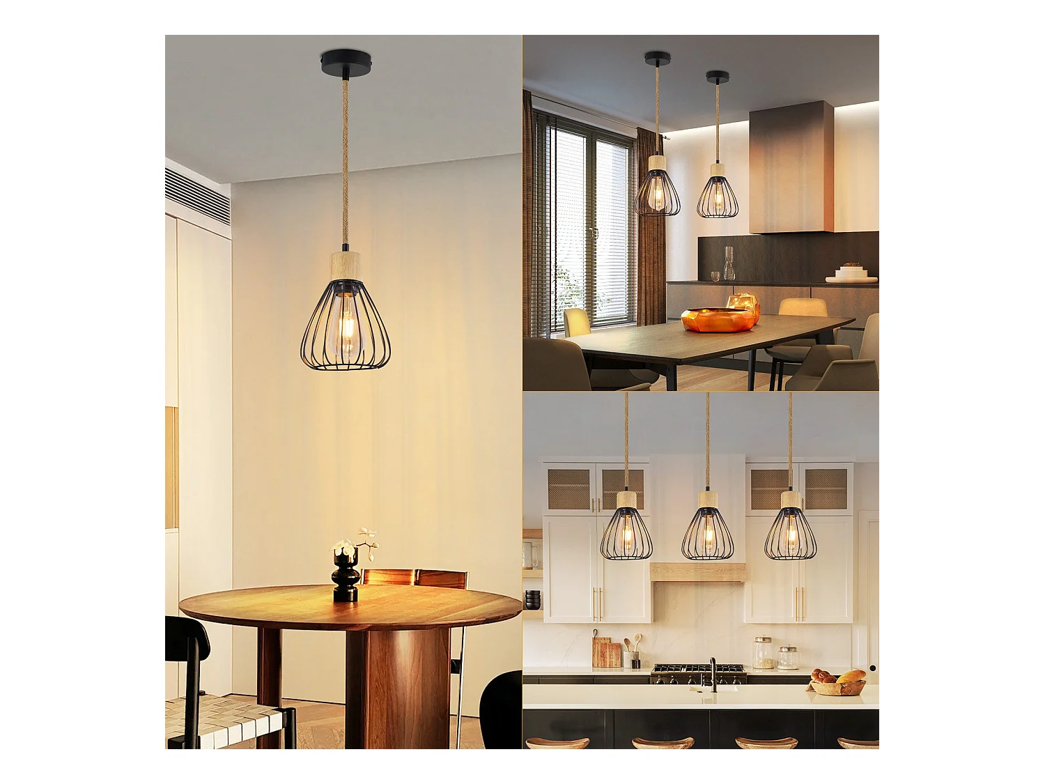 NETTLIFE Hanglamp Eettafel Zwart Metaal Eetkamer 1 Vlam Retro Industrieel Hout Henneptouw E27