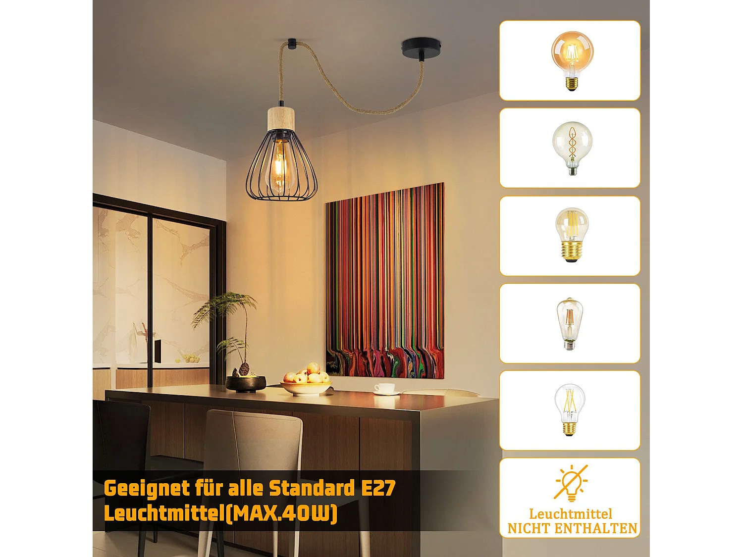 NETTLIFE Pendelleuchte Esstisch Schwarz Metall Esszimmer 1-flammig Retro Industrial Holz Hanfseil E27