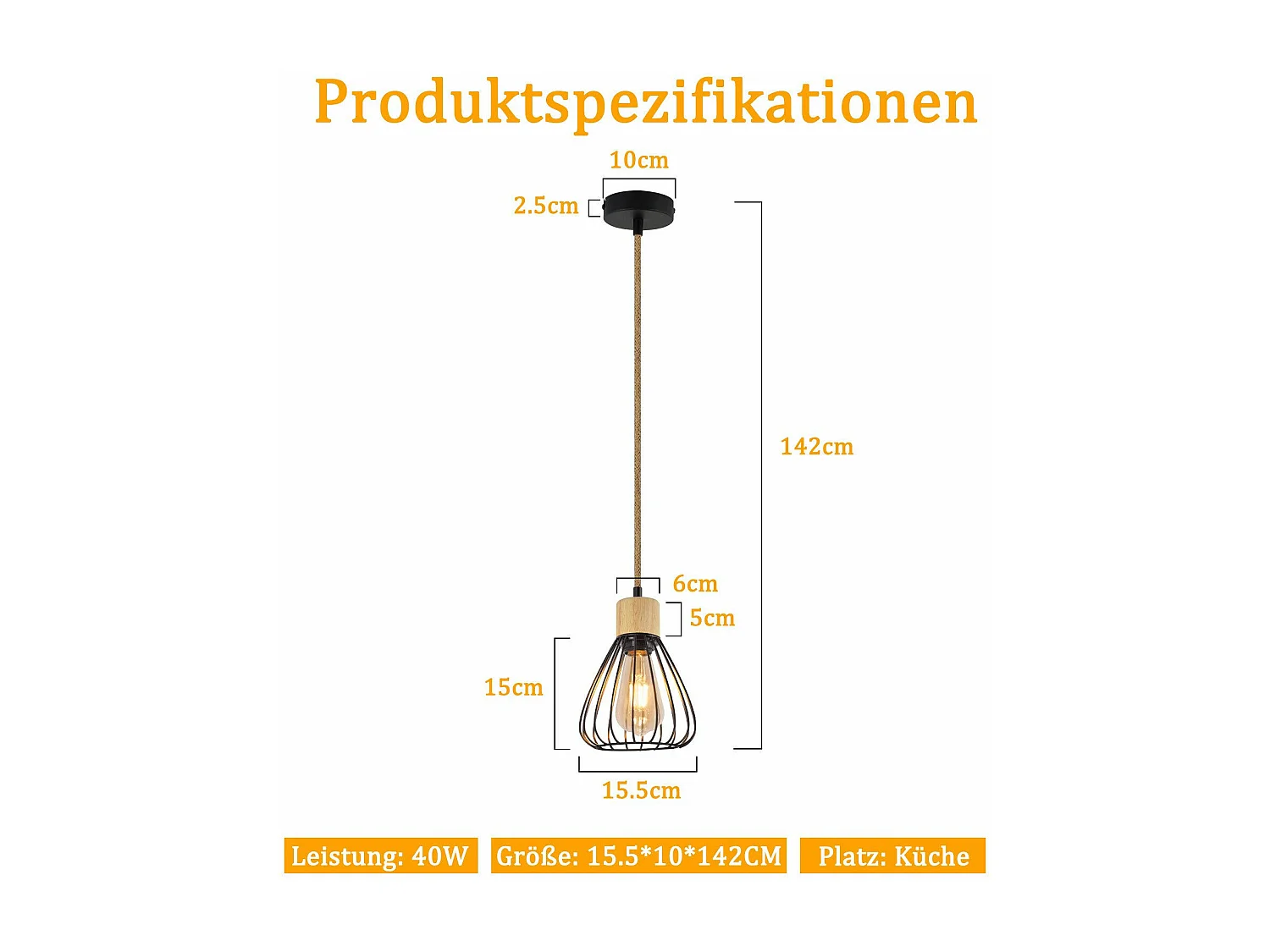 NETTLIFE Pendelleuchte Esstisch Schwarz Metall Esszimmer 1-flammig Retro Industrial Holz Hanfseil E27