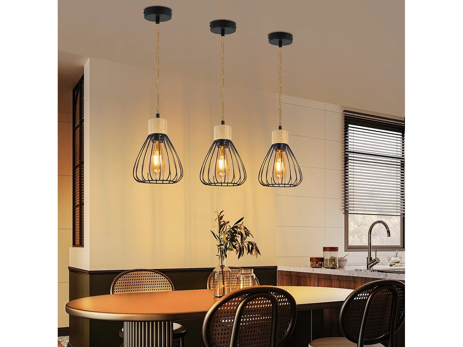 NETTLIFE Pendelleuchte Esstisch Schwarz Metall Esszimmer 1-flammig Retro Industrial Holz Hanfseil E27