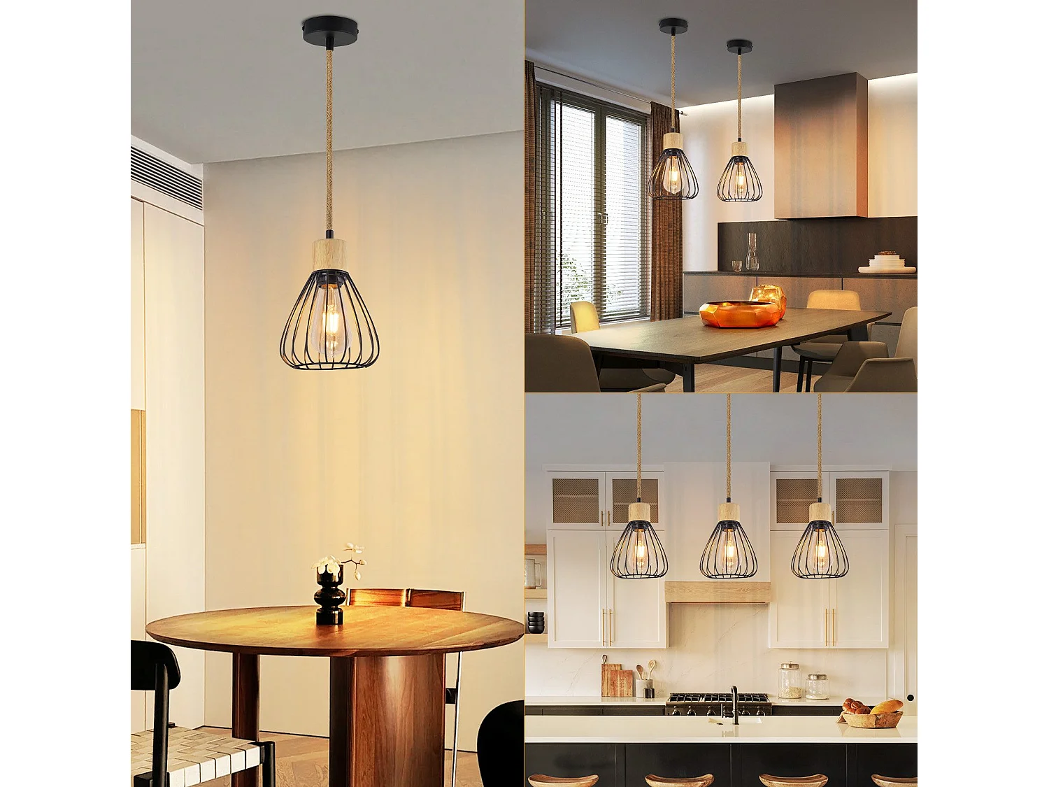 NETTLIFE Pendelleuchte Esstisch Schwarz Metall Esszimmer 1-flammig Retro Industrial Holz Hanfseil E27