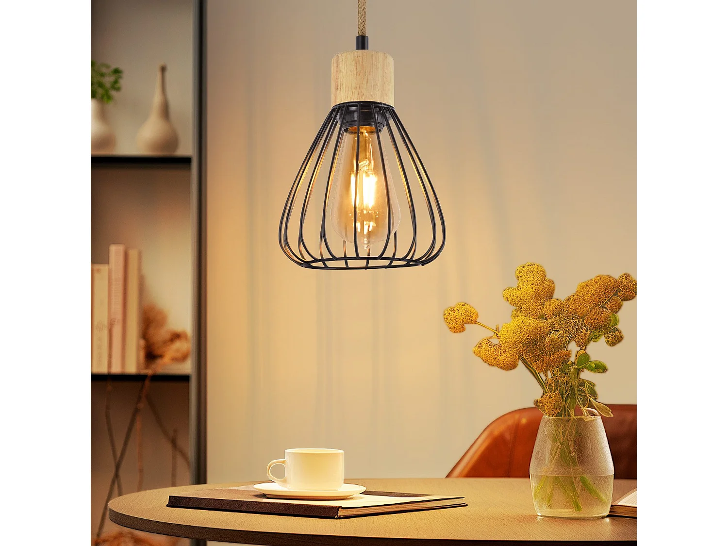 NETTLIFE Pendelleuchte Esstisch Schwarz Metall Esszimmer 1-flammig Retro Industrial Holz Hanfseil E27