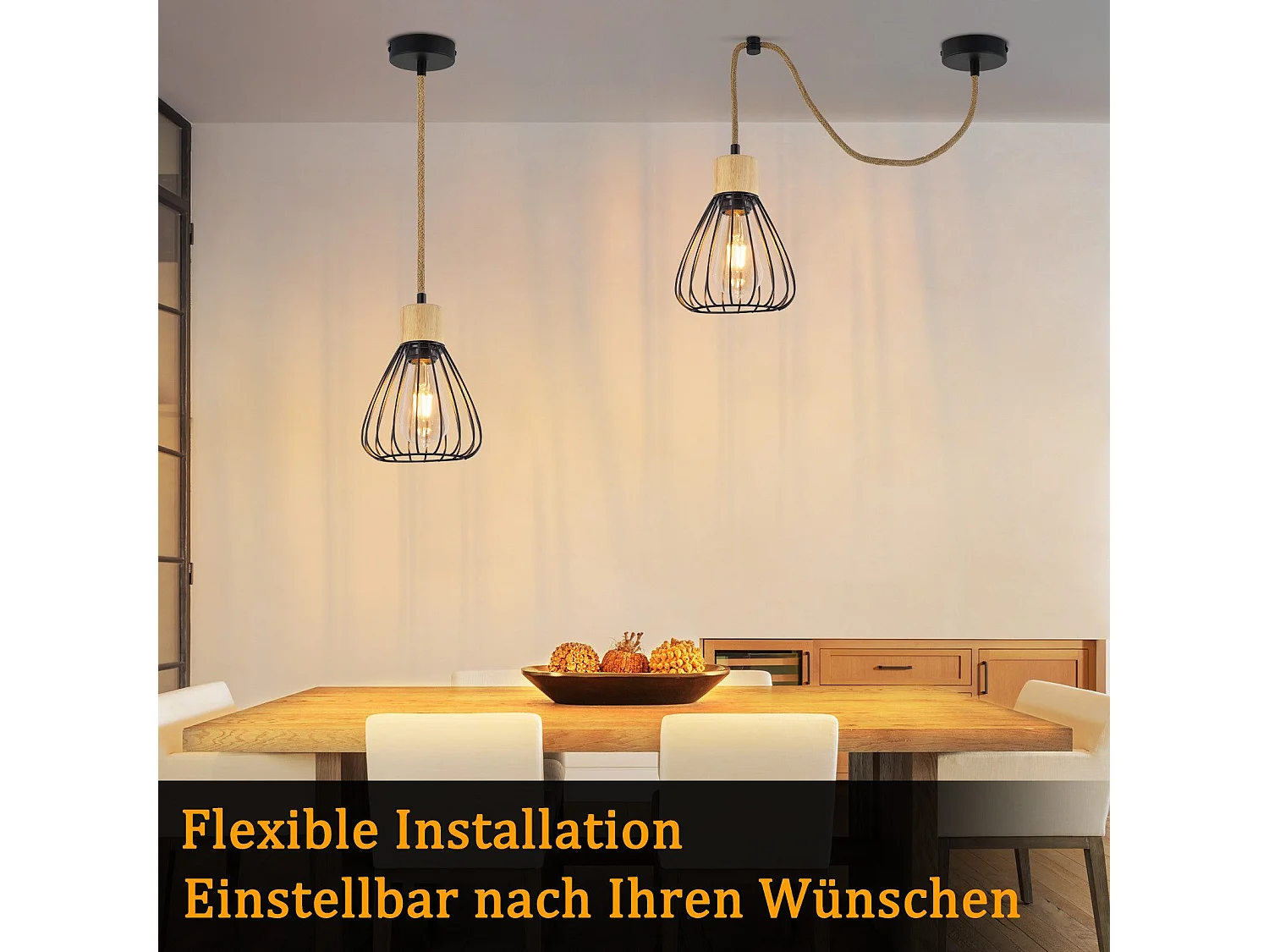 NETTLIFE Pendelleuchte Esstisch Schwarz Metall Esszimmer 1-flammig Retro Industrial Holz Hanfseil E27