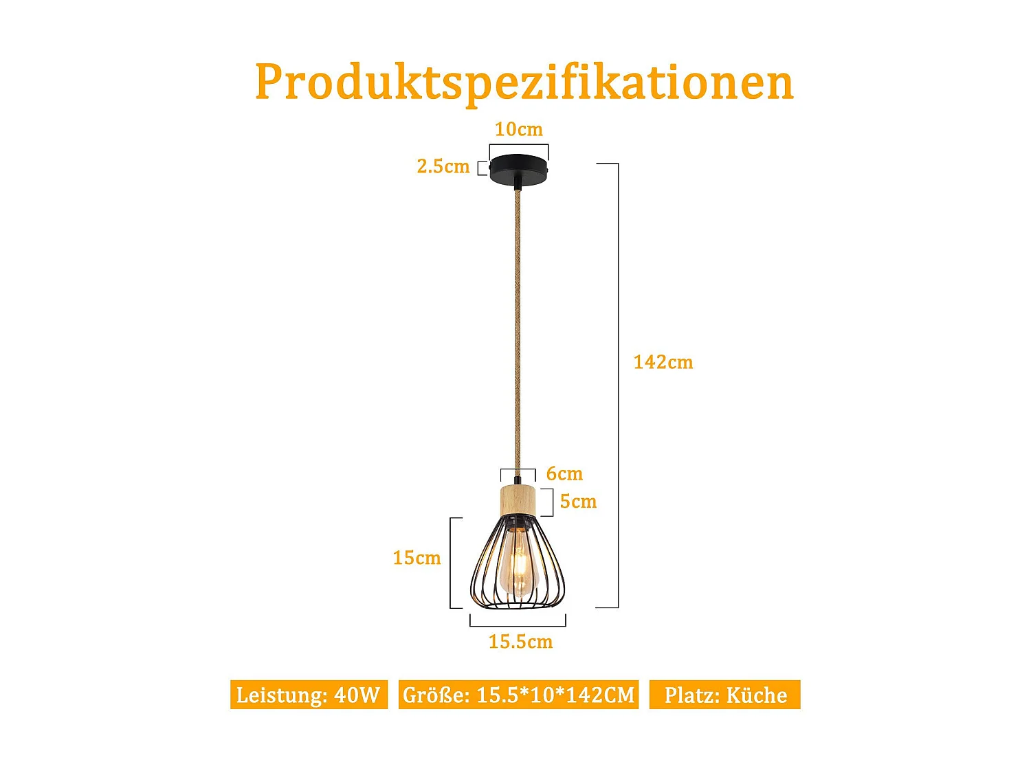 NETTLIFE Pendelleuchte Esstisch Schwarz Metall Esszimmer 1-flammig Retro Industrial Holz Hanfseil E27