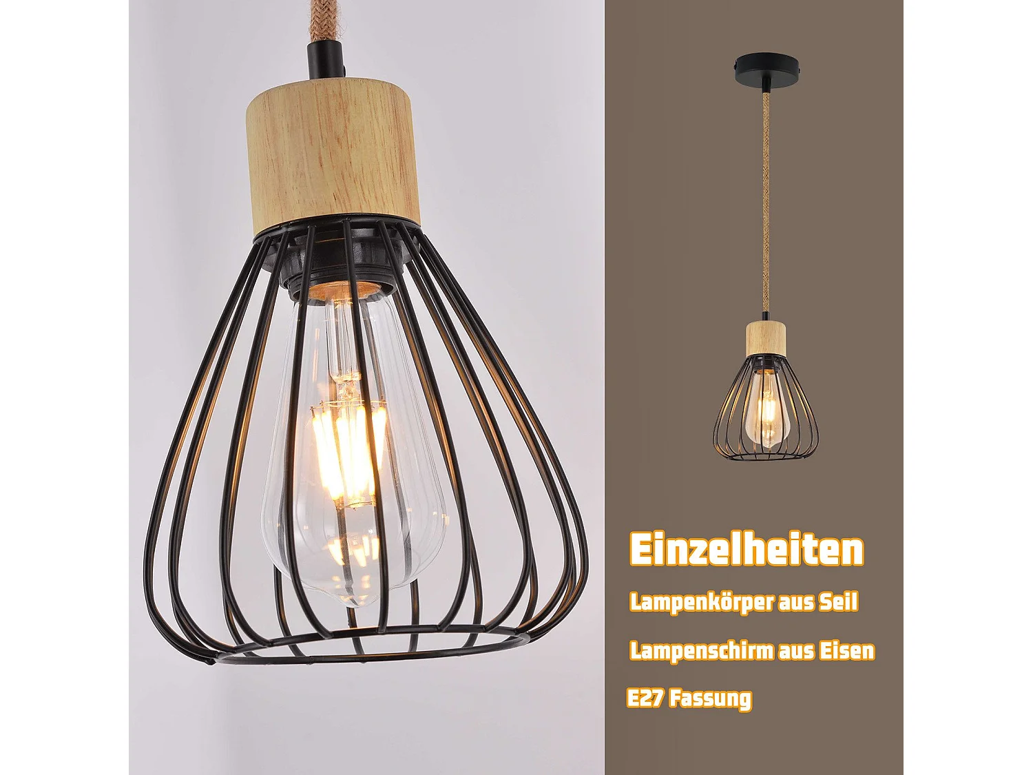 NETTLIFE Pendelleuchte Esstisch Schwarz Metall Esszimmer 1-flammig Retro Industrial Holz Hanfseil E27