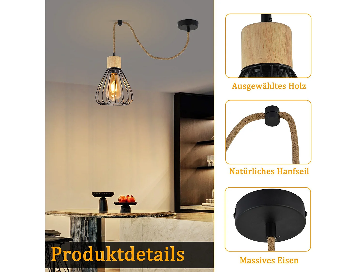 NETTLIFE Pendelleuchte Esstisch Schwarz Metall Esszimmer 1-flammig Retro Industrial Holz Hanfseil E27