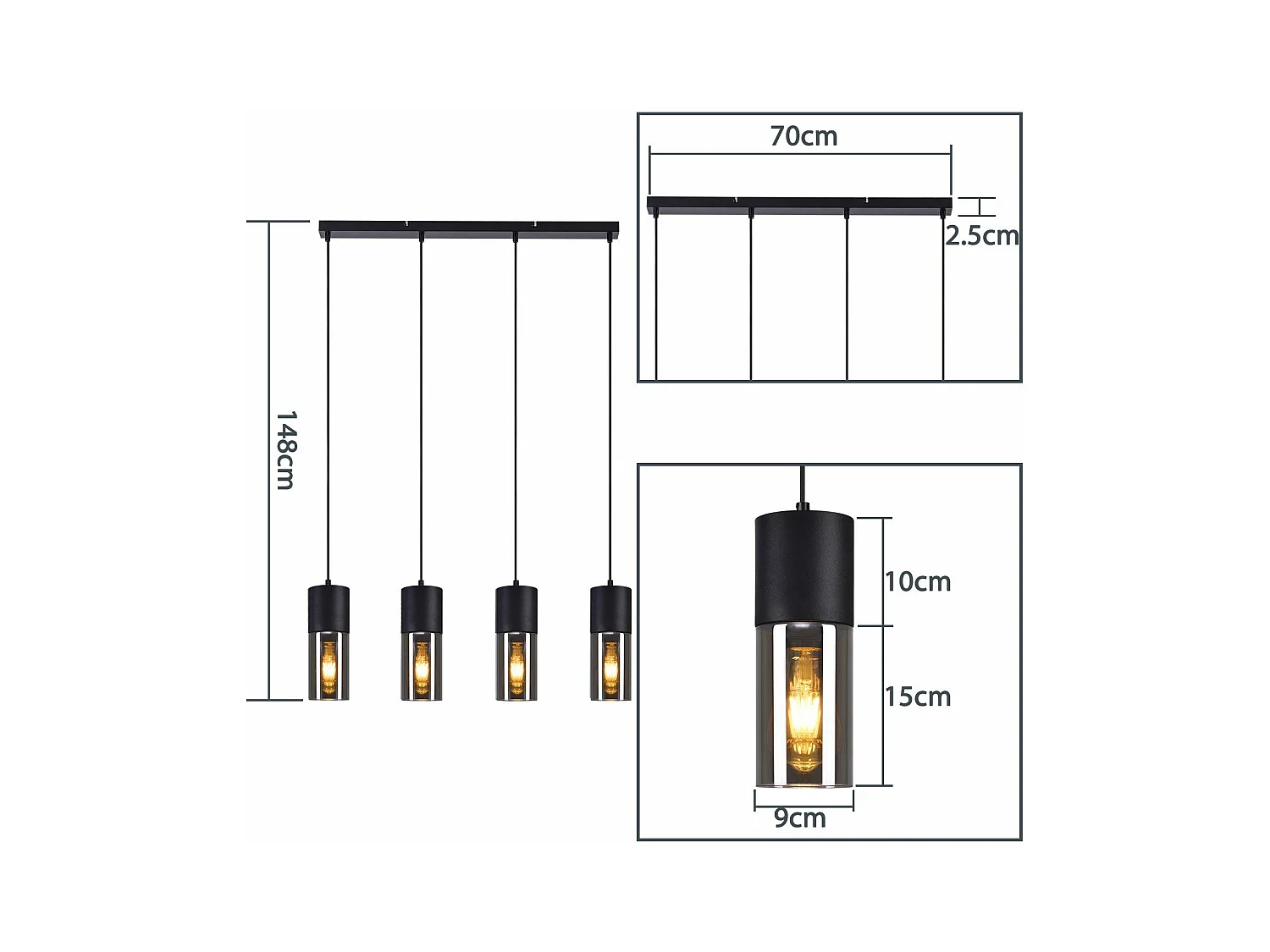 NETTLIFE Suspension pour table à manger, lampe suspendue E27, 4 flammes, LED réglable, abat-jour moderne en verre