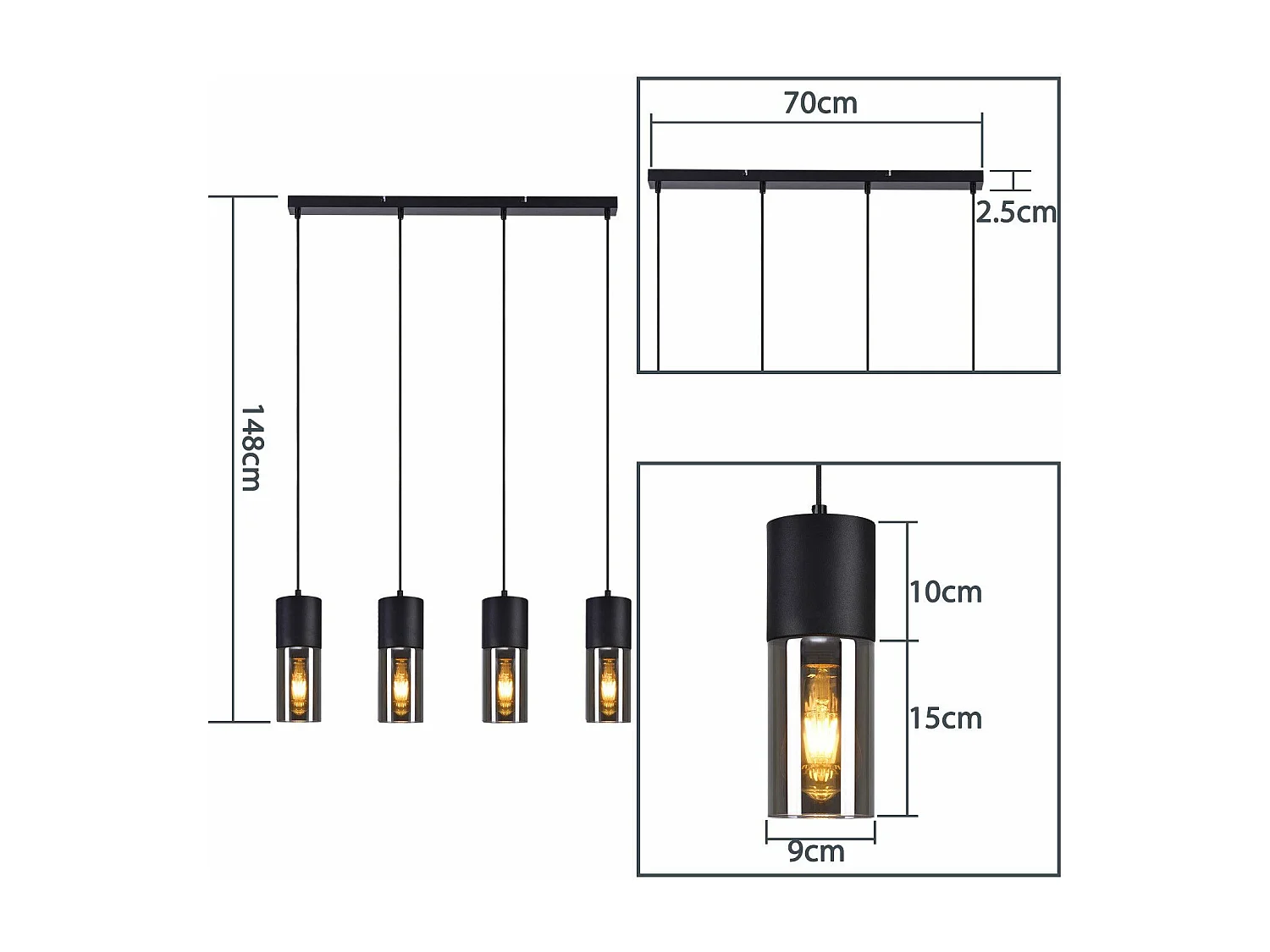 NETTLIFE Suspension pour table à manger, lampe suspendue E27, 4 flammes, LED réglable, abat-jour moderne en verre