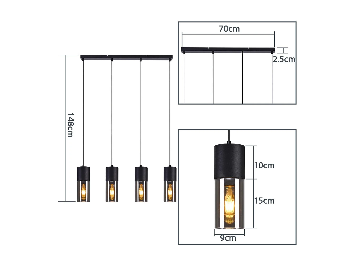 NETTLIFE Suspension pour table à manger, lampe suspendue E27, 4 flammes, LED réglable, abat-jour moderne en verre