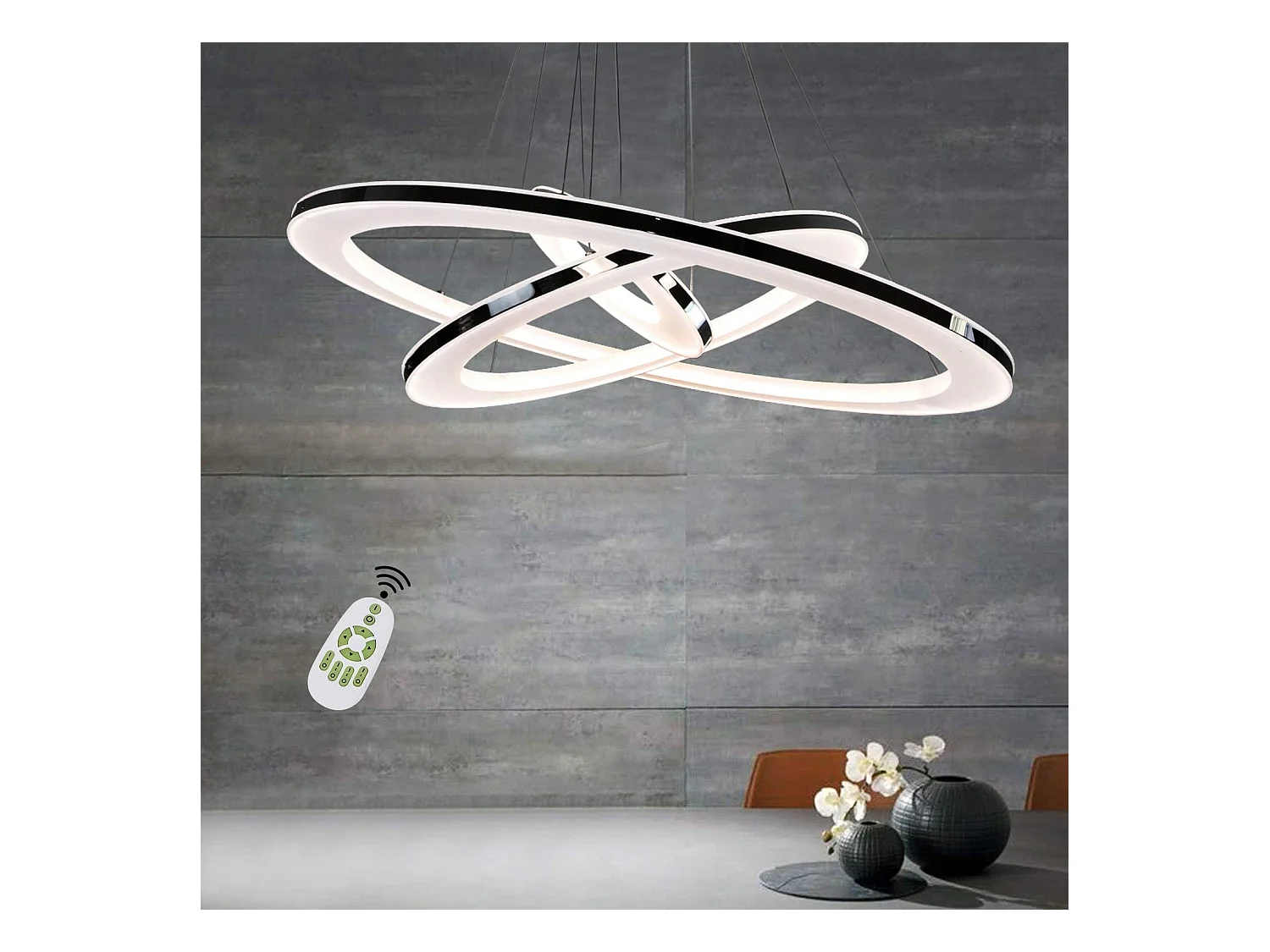 NETTLIFE Lampe suspendue LED moderne pour table à manger, 60 W, 3 anneaux LED, intensité variable, télécommande