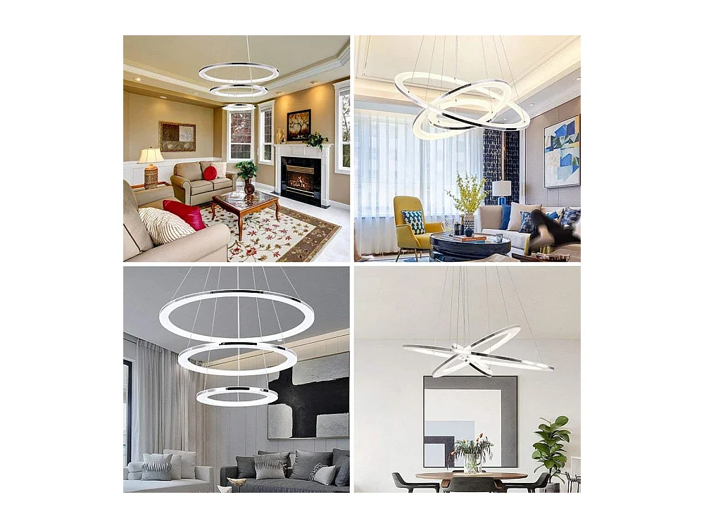 NETTLIFE Lampe suspendue LED moderne pour table à manger, 60 W, 3 anneaux LED, intensité variable, télécommande