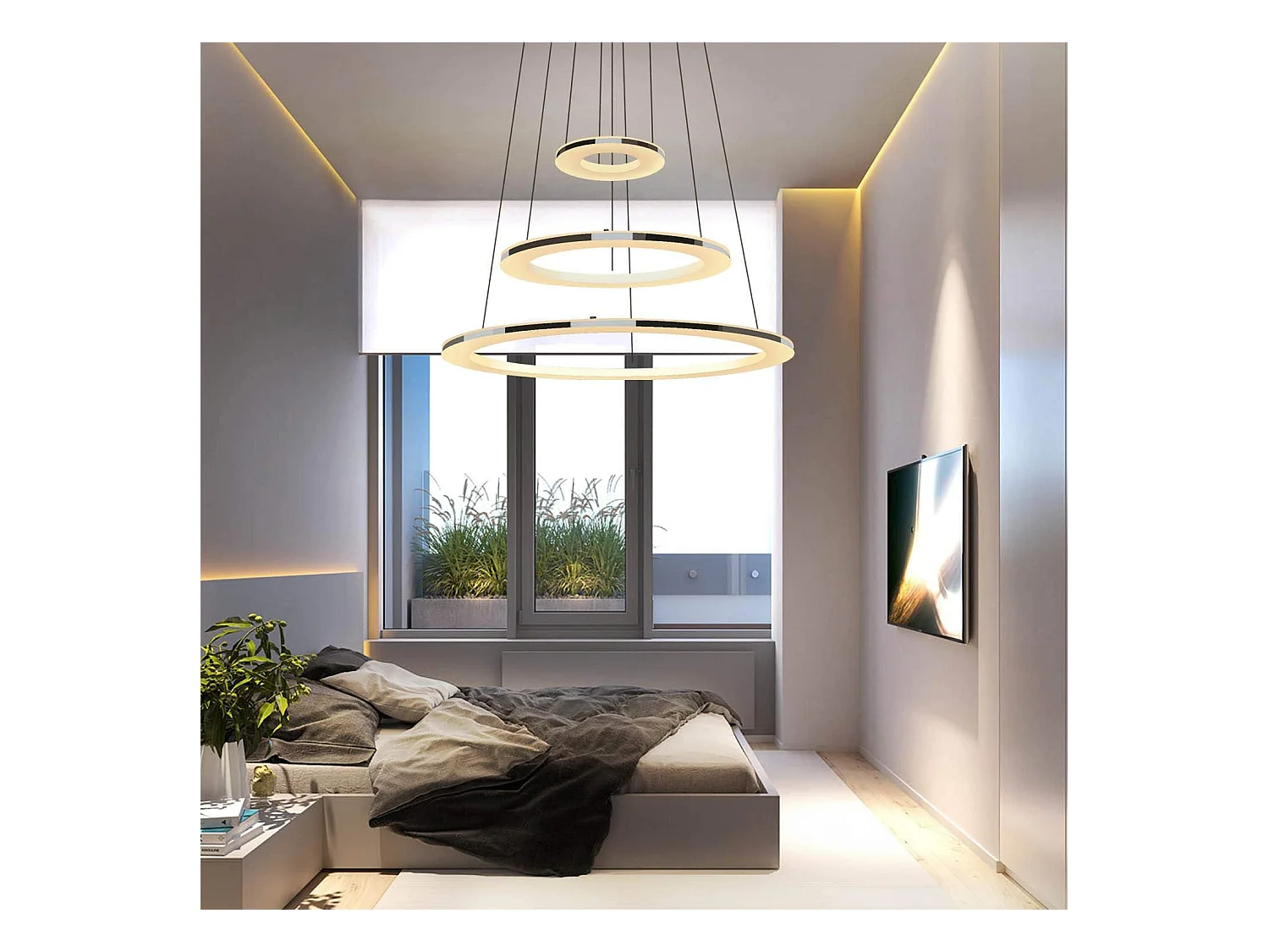 NETTLIFE Lampe suspendue LED moderne pour table à manger, 60 W, 3 anneaux LED, intensité variable, télécommande