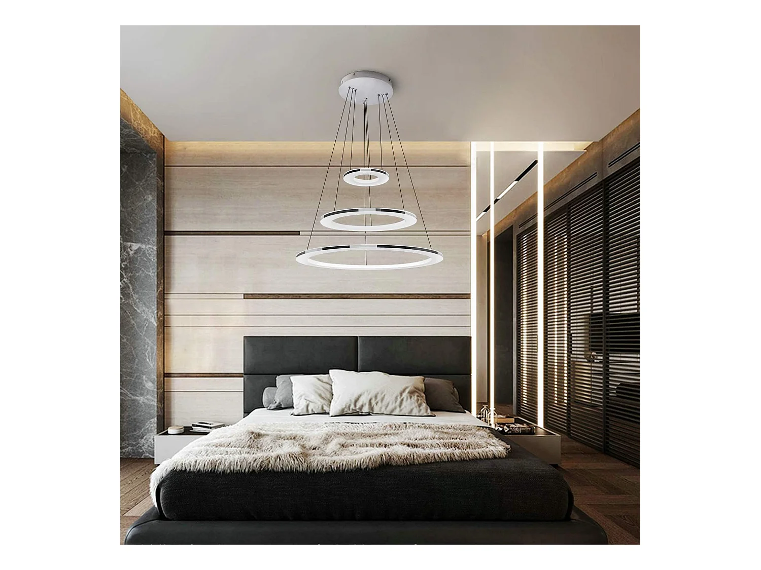 NETTLIFE Lampe suspendue LED moderne pour table à manger, 60 W, 3 anneaux LED, intensité variable, télécommande