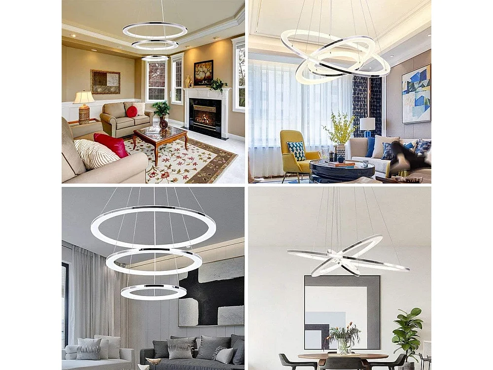 NETTLIFE Lampe suspendue LED moderne pour table à manger, 60 W, 3 anneaux LED, intensité variable, télécommande