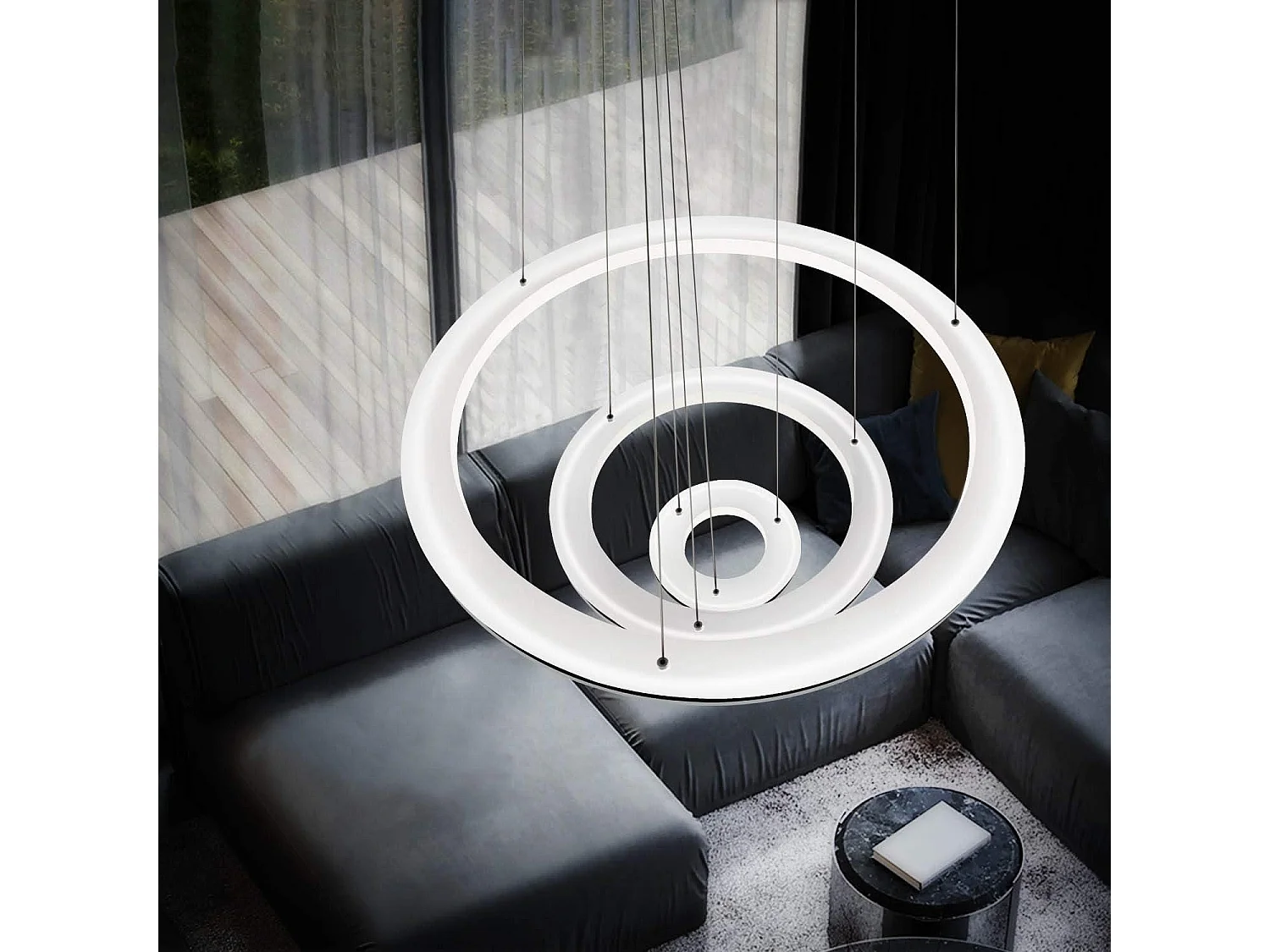 NETTLIFE Lampe suspendue LED moderne pour table à manger, 60 W, 3 anneaux LED, intensité variable, télécommande