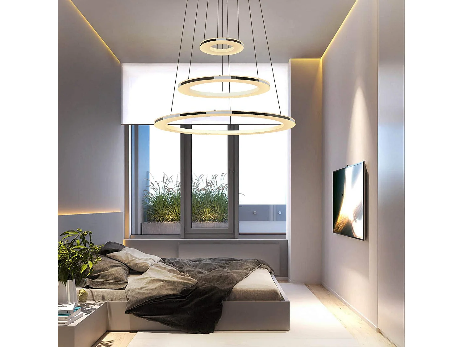 NETTLIFE Lampe suspendue LED moderne pour table à manger, 60 W, 3 anneaux LED, intensité variable, télécommande