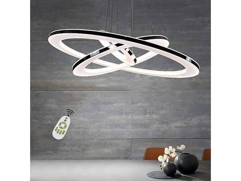 NETTLIFE Lampe suspendue LED moderne pour table à manger, 60 W, 3 anneaux LED, intensité variable, télécommande