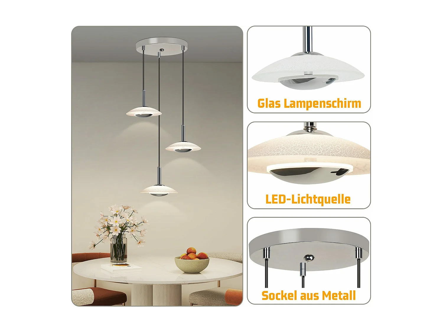 NETTLIFE LED Pendelleuchte Esstisch Hängelampe Modernes Design Esszimmer Hängelampe 3000K Warmweiß 3 Flammen
