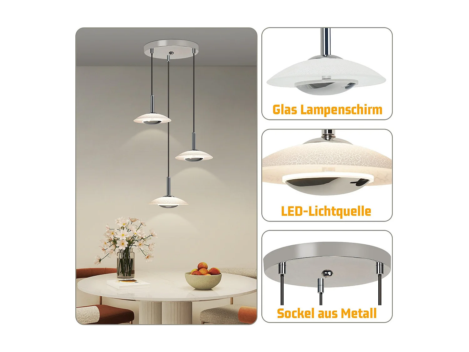 NETTLIFE Suspension LED lampe suspendue table à manger design moderne lampe suspendue salle à manger 3000K blanc chaud 3 flammes