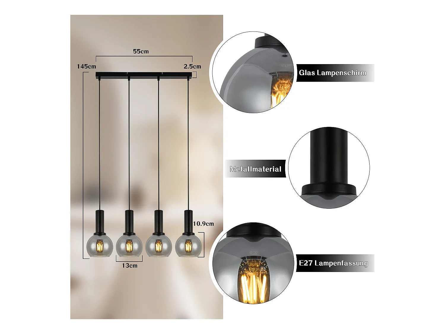 NETTLIFE Suspension pour table à manger, lampe suspendue en verre, 4 flammes, lampe de salle à manger vintage, E27, rétro