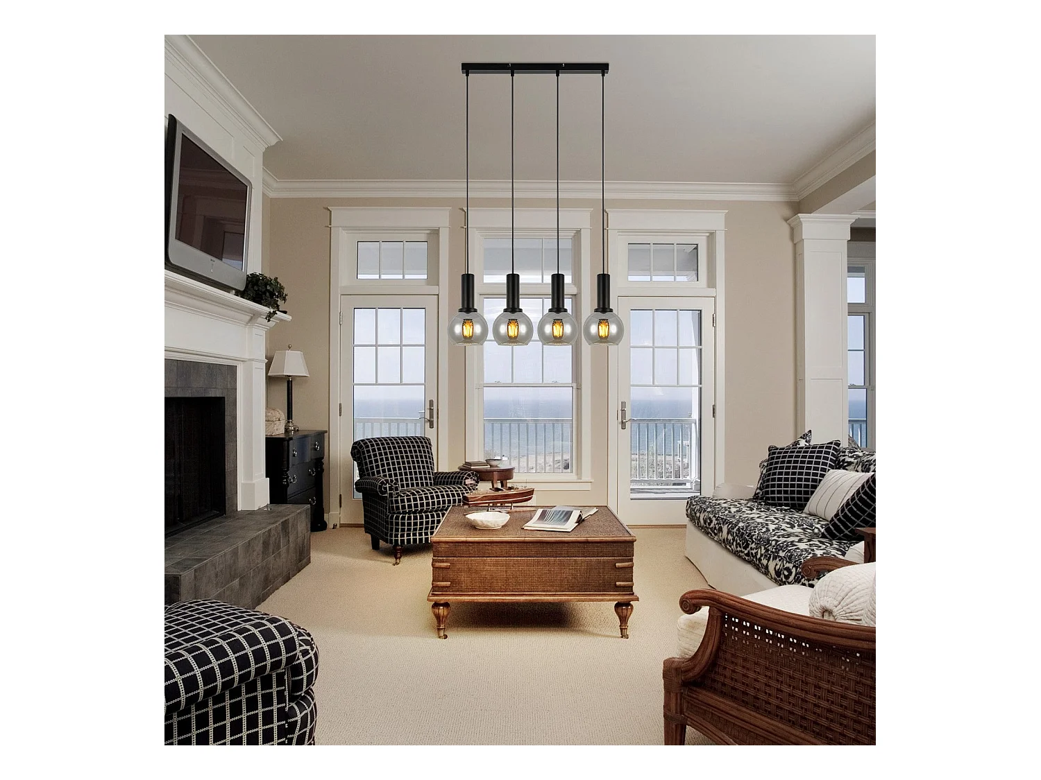 NETTLIFE Suspension pour table à manger, lampe suspendue en verre, 4 flammes, lampe de salle à manger vintage, E27, rétro