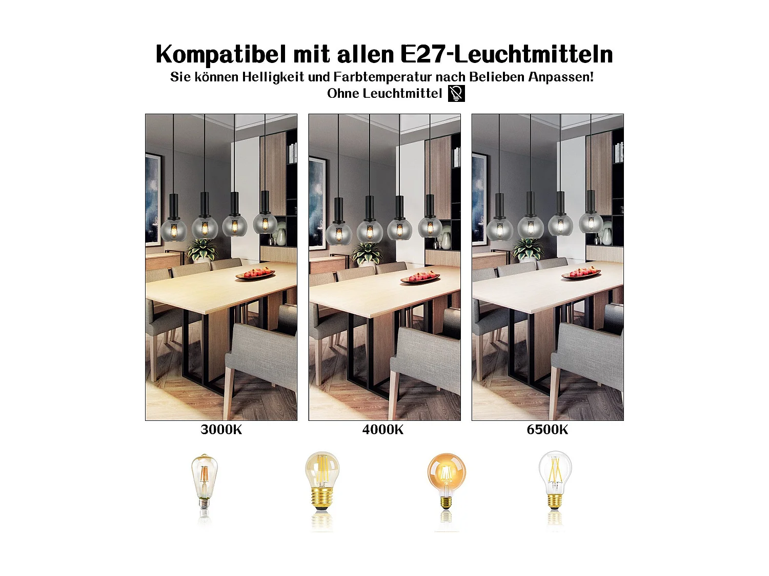 NETTLIFE Eettafel Hanglamp, Glazen Hanglamp, 4 Vlammen, Vintage Eetkamerlamp, E27, Retro