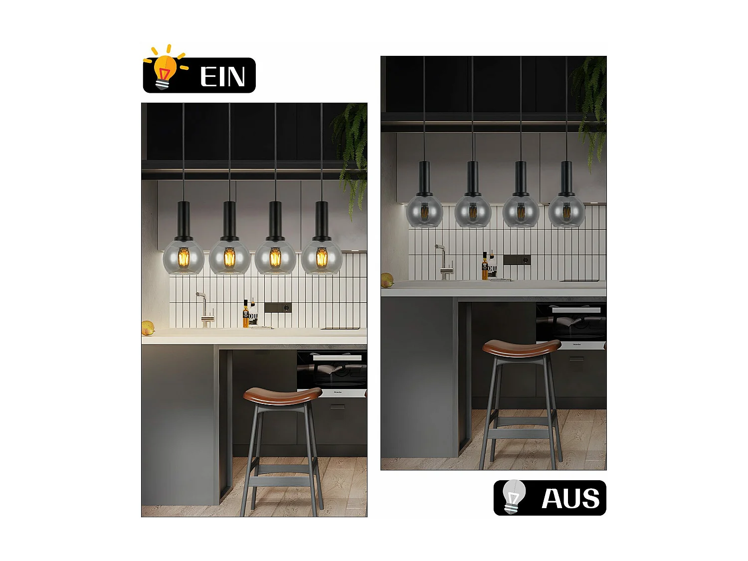 NETTLIFE Eettafel Hanglamp, Glazen Hanglamp, 4 Vlammen, Vintage Eetkamerlamp, E27, Retro